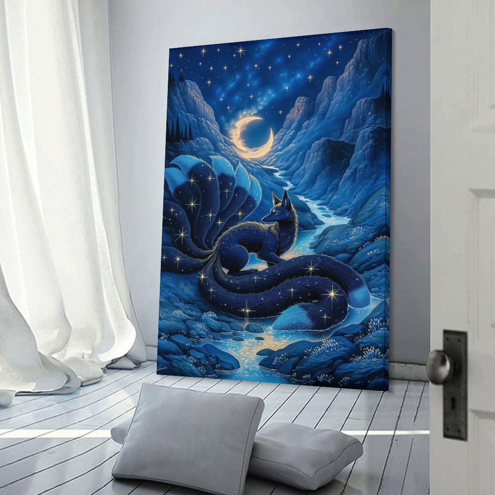 Junmoney Frame-Style-22 Mythical Fox Under A Crescent Moon Decorative Wall Artwork, 24X36inch(60X90cm), For Living Spaces, Bedrooms Or Relaxed Rooms, Modern Wall Decor For Cosy Interiors