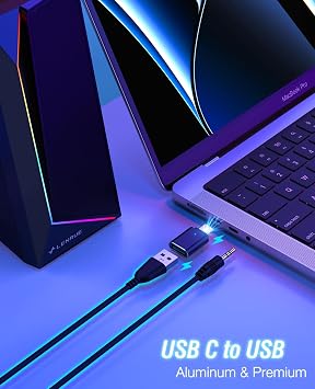 LENRUE Computer Speakers, USB/USB-C Powered PC Speakers with Loud Stereo Sound, Headphone-in for Desktop, iMac, MacBook, Laptop, Monitor (USB-C to USB Adapter Included)