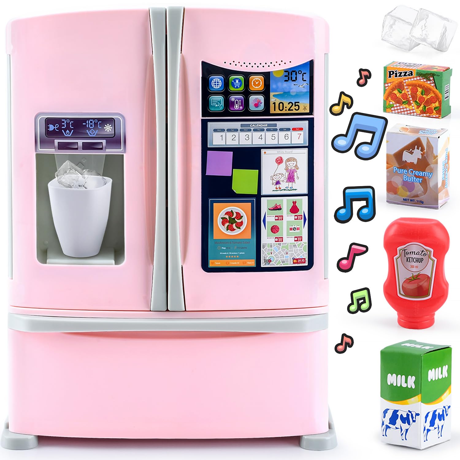 Play Frigo Jouet, Set de Cuisine pour Enfant avec Réfrigérateur, Jouets Alimentaires, Glaçons, Effets Sonores Réalistes, Set de Ustensile Cuisine pour Enfant 3+ Ans