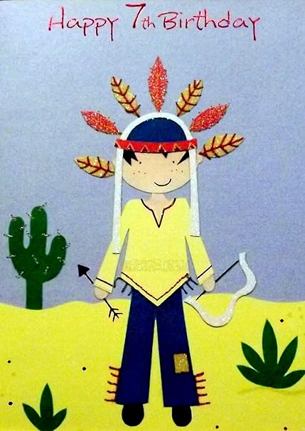 Carte D Anniversaire Pour Petit Garcon Happy 7th Birthday Joyeux 7eme Anniversaire Theme Cowboys Et Indiens Avec Motifs Pailletes Coiffure En Plumes Arc Fleche Et Cactus Bleu Jaune Amazon Fr Cuisine Et