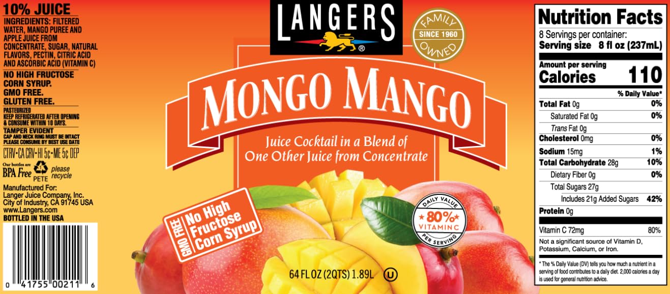 Langers Tropical Variety Pack, Mango Orange Passionfruit, Pineapple Orange Guava, Island Blend, Mongo Mango, 64 fl oz (Pack of 4)