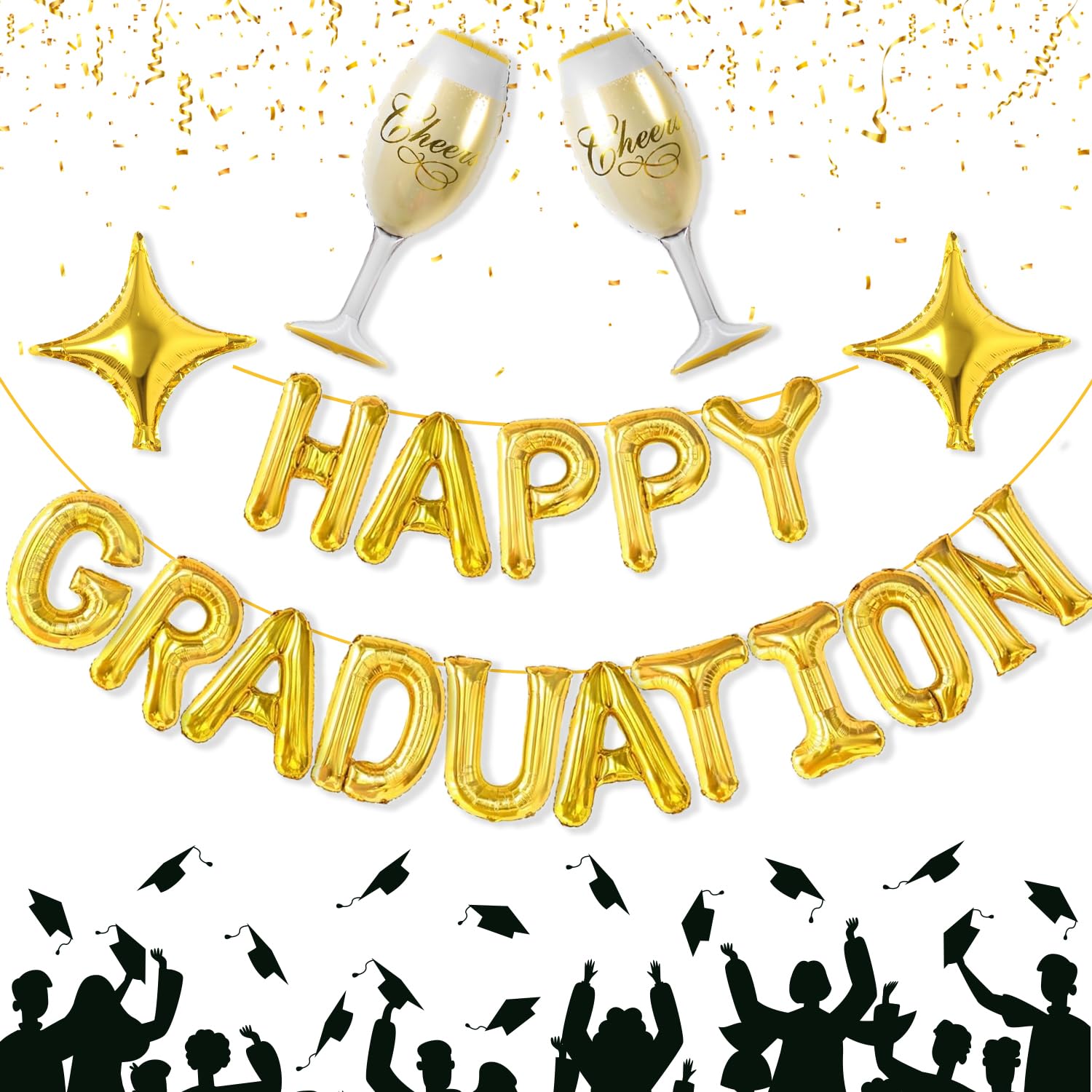Happy Graduation Gold Letter Balloons Banner Decorations for Class Of 2024 Includes 16Inch Foil Letter Balloons, 40Inch Champagne Bottle Balloon, 10Inch Star Balloons for Graduation Prom Backdrop