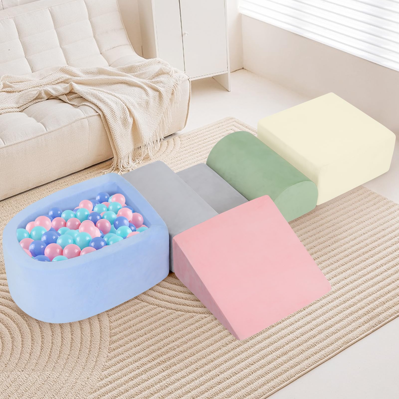 Condition photo showing Good Condition for Foam Climbing Blocks for Toddlers 1-3, Toddler Climbing Toys Indoor for 1 Year, Kid Baby Climbing Toys Blocks with Ball Pit for Baby, Soft Play Set Playground (Balls not Included) (5-Color)