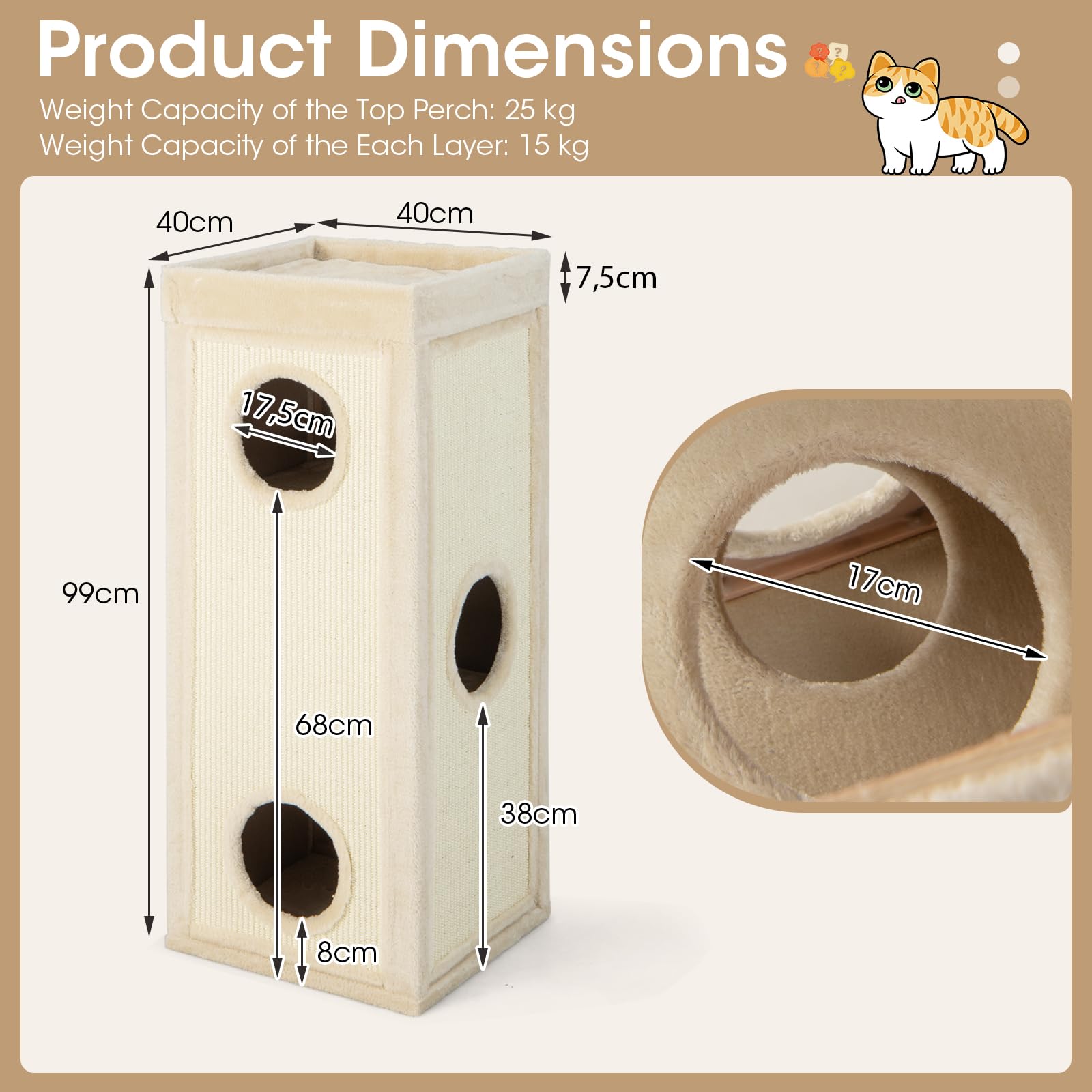 SOARS Tonneau à Gratter pour Chat 99 cm, Tour Arbre à Chat 4 Niveaux avec 3 Grottes et Surface Griffoir en Sisal, Niche Intérieure Stable Ø40, Beige