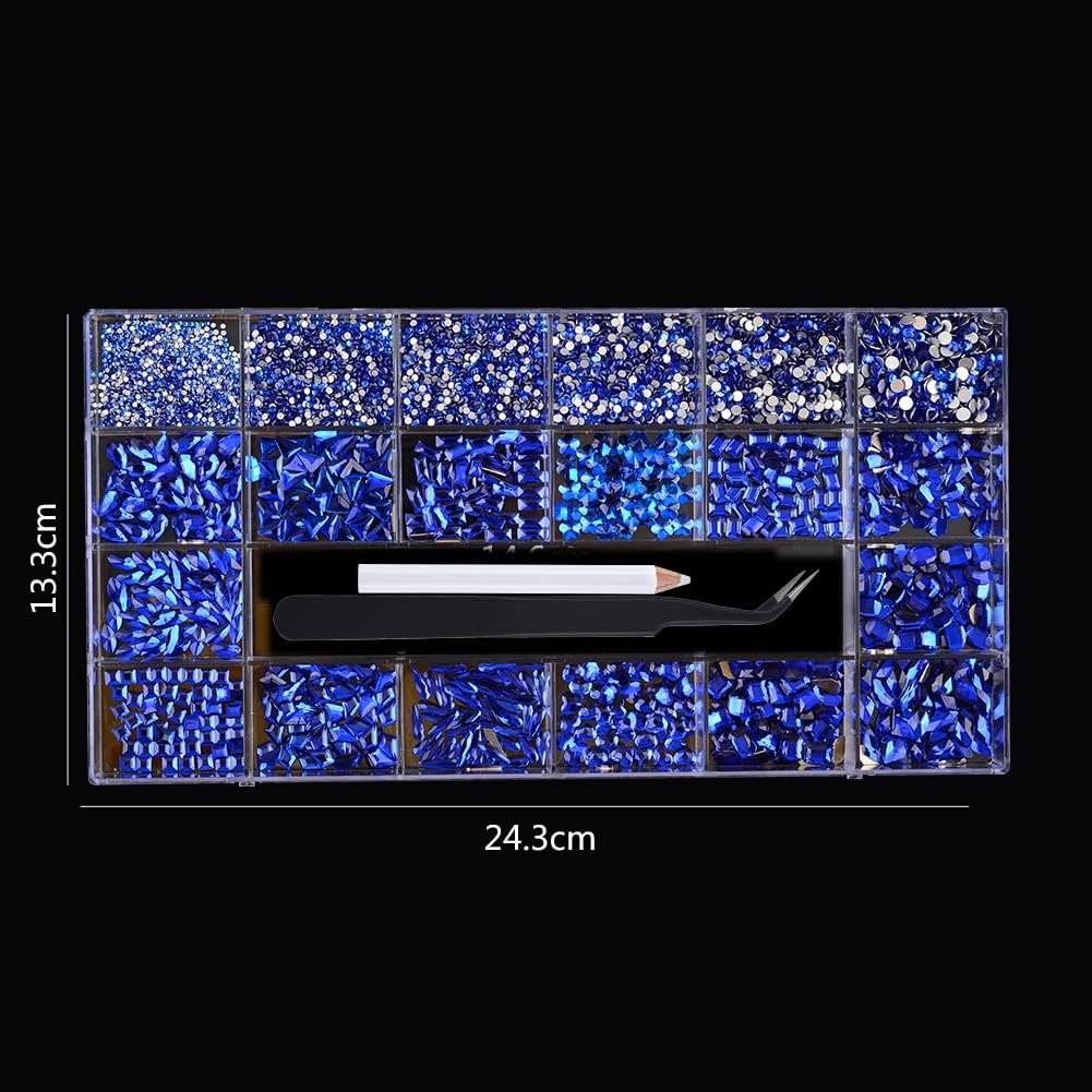 Nail Art Rhinestones Round Beads Flatback Crystals Gems 8620Pcs Multi Shapes Glass Crystal Rhinestones for Nail Art Makeup Face Decor Crafts Supply (Blue)