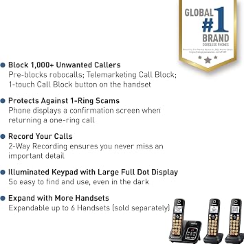 Panasonic Cordless Phone with Answering Machine, Advanced Call Block, Bilingual Caller ID and High-Contrast Display, Expandable System with 3 Handset Cordless Telephones - KX-TGD833M (Metallic Black)