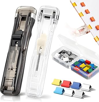 2PCS Handheld Reusable Portable Binder Clip Stapler, with 100 Stainless Steel Refill Binder Clips 50 Silver & 50 Color, for Home, School, Desk, Office Document Black & Clear