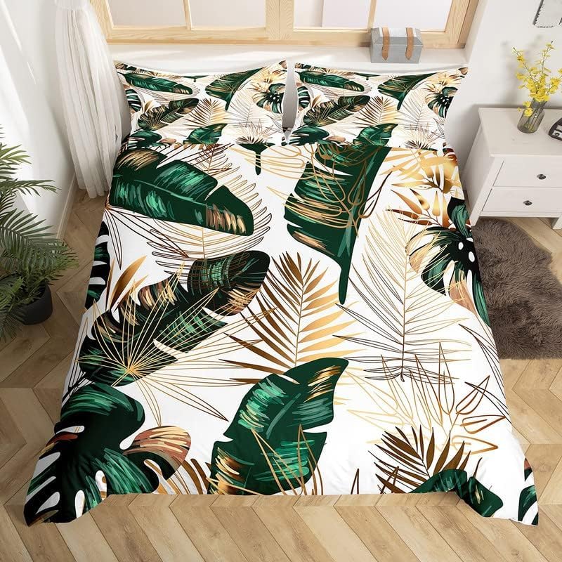Housse de couette 220x240cm Homemissing à motif feuilles de palmier dorées et vertes avec taies