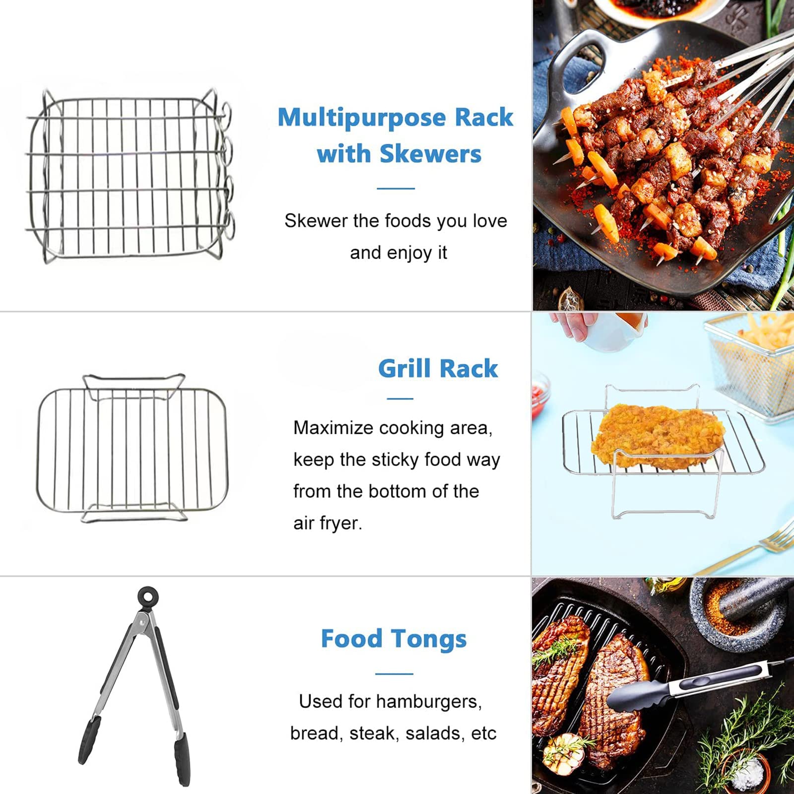 Set di accessori per friggitrice ad aria, set da 10 pezzi per doppio cestino, accessorio antiaderente per friggitrice ad aria con teglia, pizza, rack multistrato, spiedino, stampo per morso d'uovo,