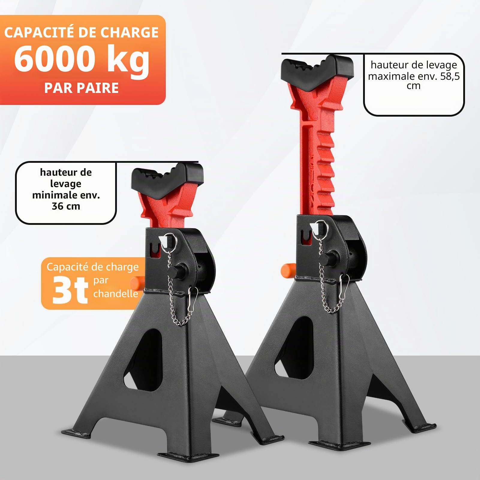 Lot de 2 chandelles d'essieu 6 tonnes réglables en hauteur sur 9 niveaux (36-58,5 cm) avec support en caoutchouc pour voitures, SUV et camionnettes