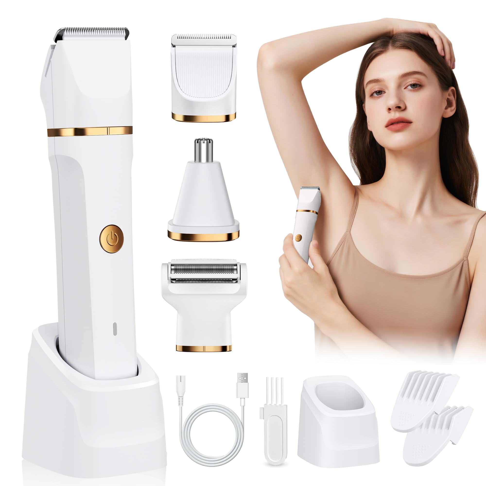 Lady Shavers for Women 3-in-1,Bikini Trimmer Woman IPX7 Waterproof,Nose Trimmer Rechargeable,Pubic Hair Trimmer for Women Wet and Dry,Painless Electric Foil Shaver for Body,Arms Legs Underarms, White - 2
