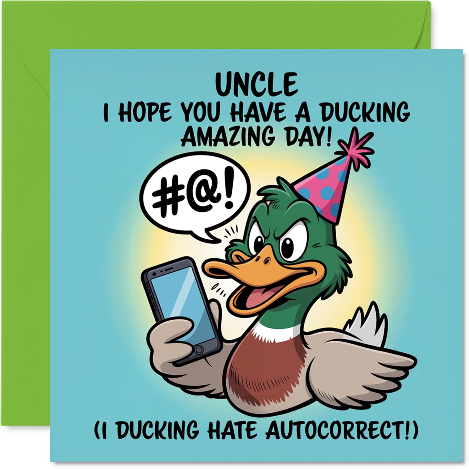 Uncle Birthday Card - Ducking Amazing - Happy Birthday Card for Uncle from Nephew Niece, 145mm Autocorrect Joke, Cartoon Duck with Phone Bday Greeting Cards