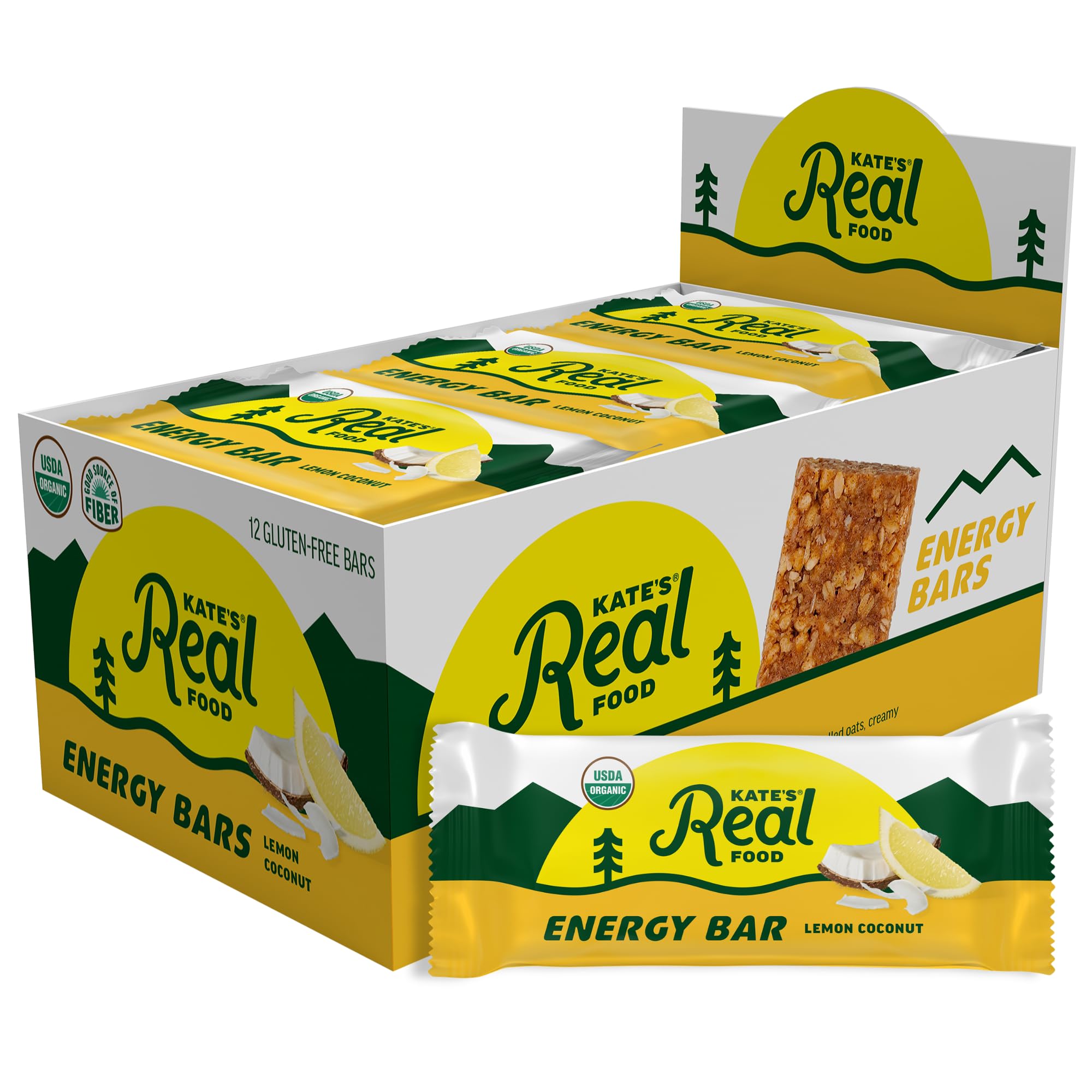 Kate’s Real Food Organic Granola Bars - Lemon Coconut (2.2 oz, Pack of 12) - Organic Energy Bars Made with Gluten Free Oats - Non GMO, Soy Free, Whole Grains, and All Natural - Healthy Snacks
