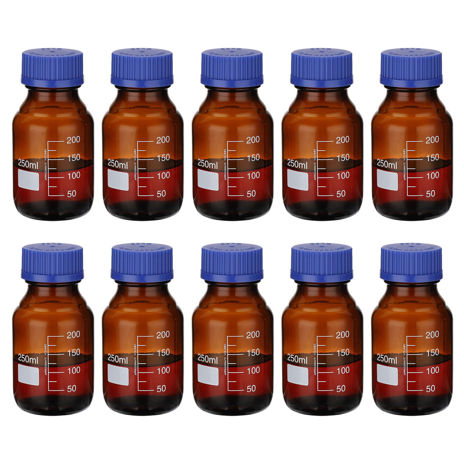 PATIKIL 10 Confezione Bottiglie Per Conservazione Reagenti, 250ml Bottiglie Tonde Graduate In Vetro Borosilicato Con Tappo A Vite Blu GL32 Per Liquidi Reagenti Da Laboratorio, Ambra
