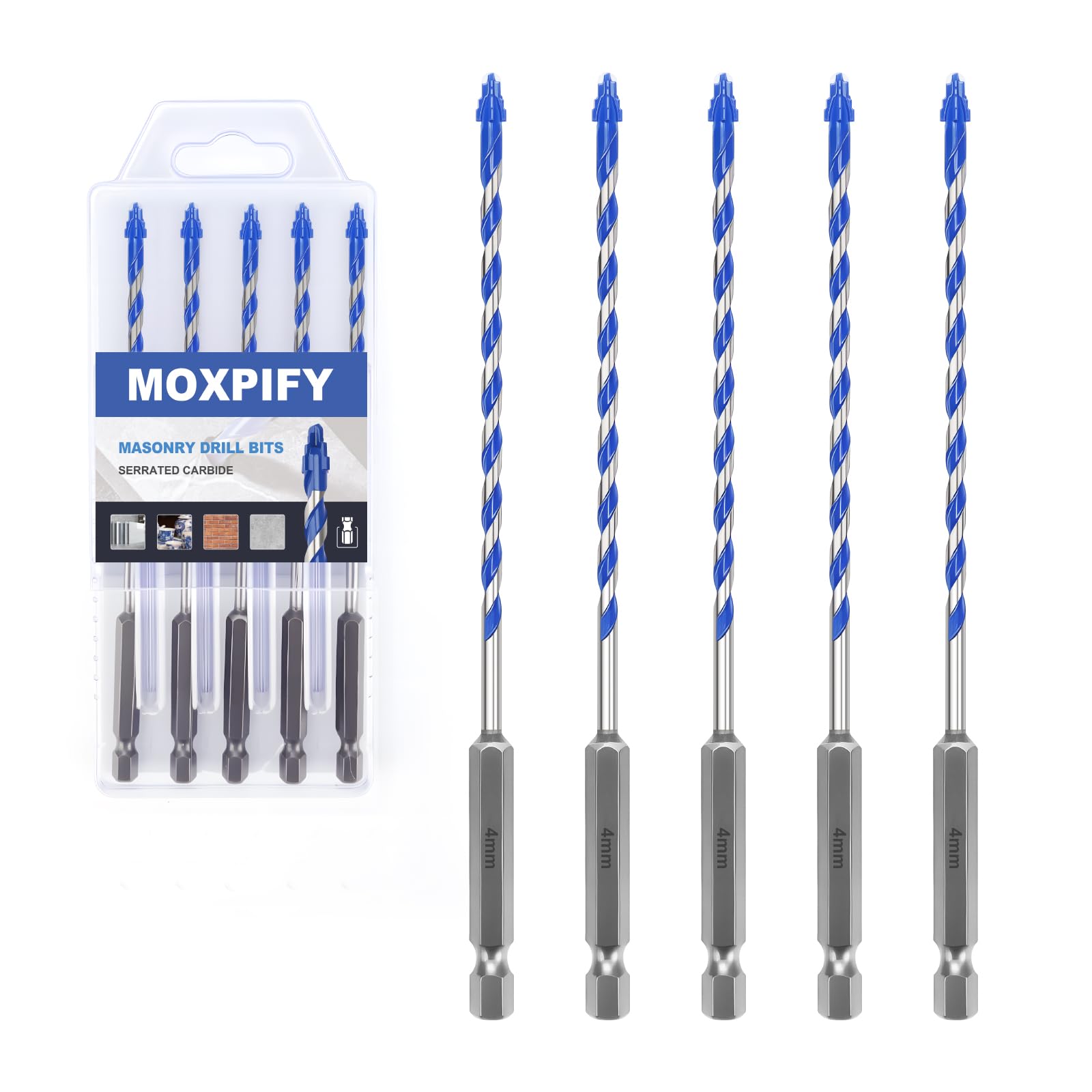 MOXPIFY 5PCS 4mm x 150mm Masonry Drill Bits Set, Porcelain Tile Drill Bit, Tungsten Carbide Drill Bit for Tile, Glass, Ceramic, Marble, Concrete, Brick, Granite, Wood
