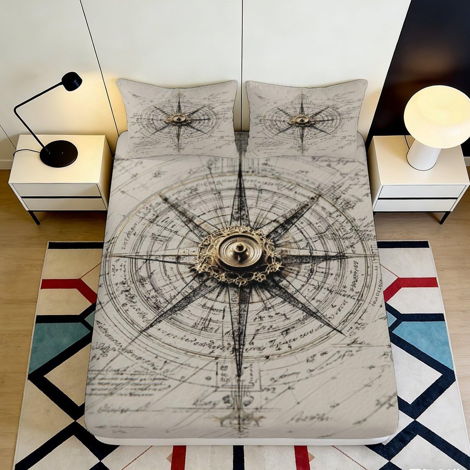 Jqzkxnhpbr Style-2 3D Printed Vintage Compass Fitted Sheet Microfiber Soft Anti-Slip Nautical Map Mattress Cover Bedroom Decor 90X200x25cm