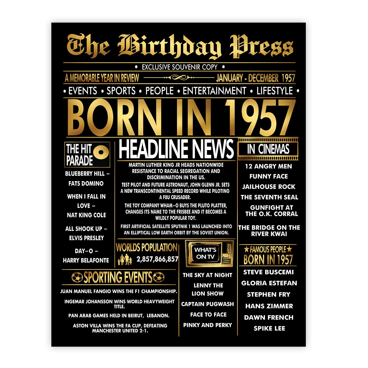 Stuff4 Gold 69th Birthday Poster Unframed - Golden Born In 1957 Newspaper - Happy 69 Birthday for Men Women Retro Vintage Gifts Back In 1957, 8x10 Inch Bday Party Decor Decoration