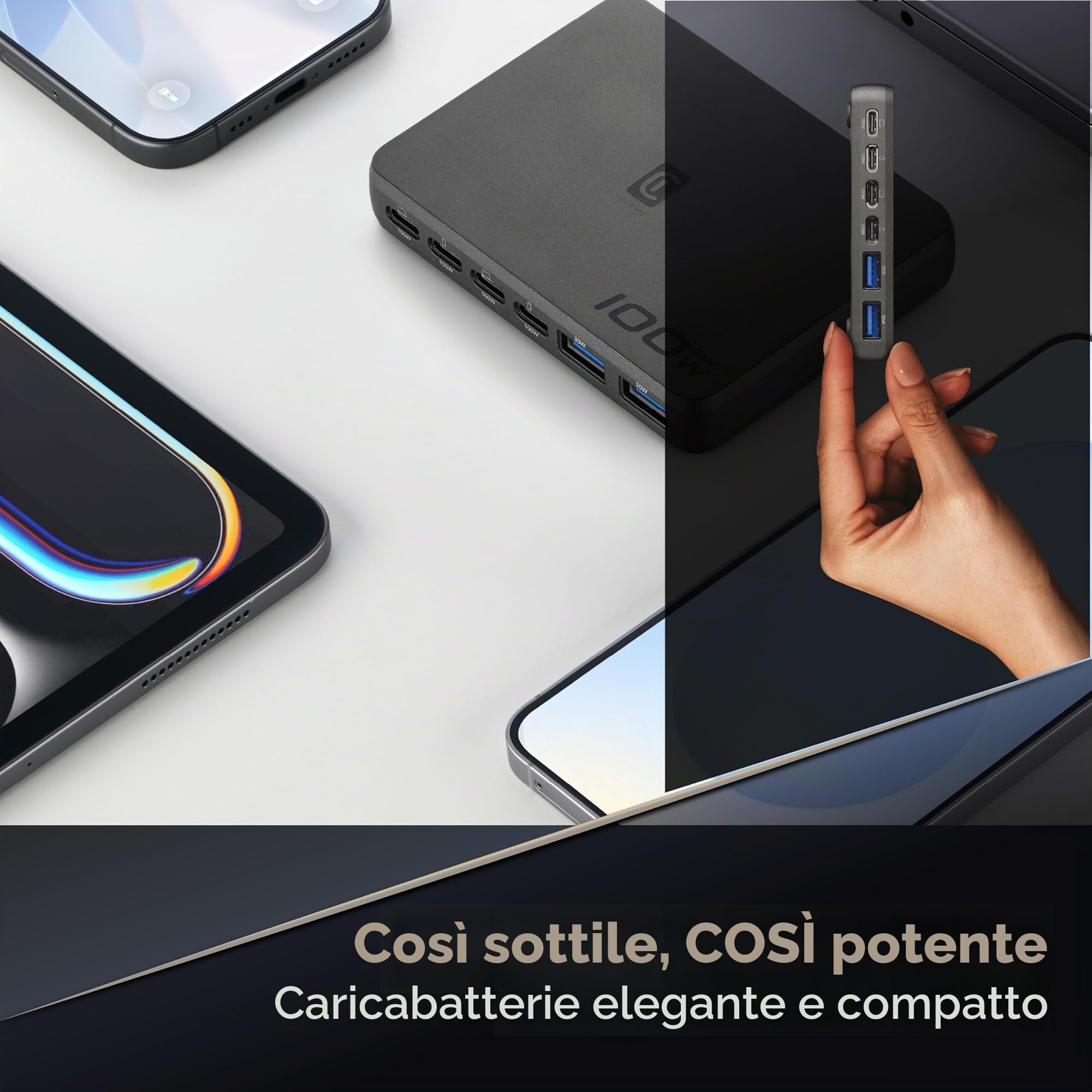 Cellularline stazione di ricarica da scrivania Power Lite da 100 W con 6 porte, tra cui 4 USB-C e 2 USB-A, con tecnologia GaN+ per smartphone, tablet e laptop, nero
