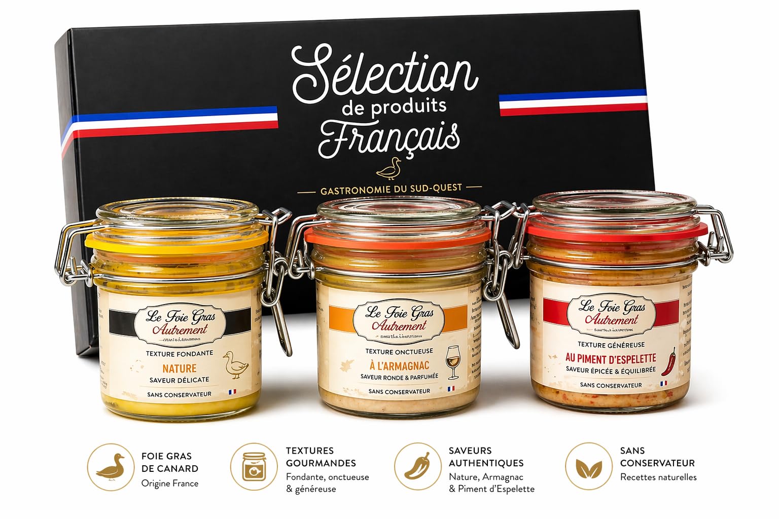 La Caja de las Maravillas Afrutadas 3 × 80 g – Trío de Foie Gras Enteros al Limón Confitado, Naranja y Manzana – Relais Gourmet | Artesanal Francés | Ideal para Estuches y Regalos Gourmet