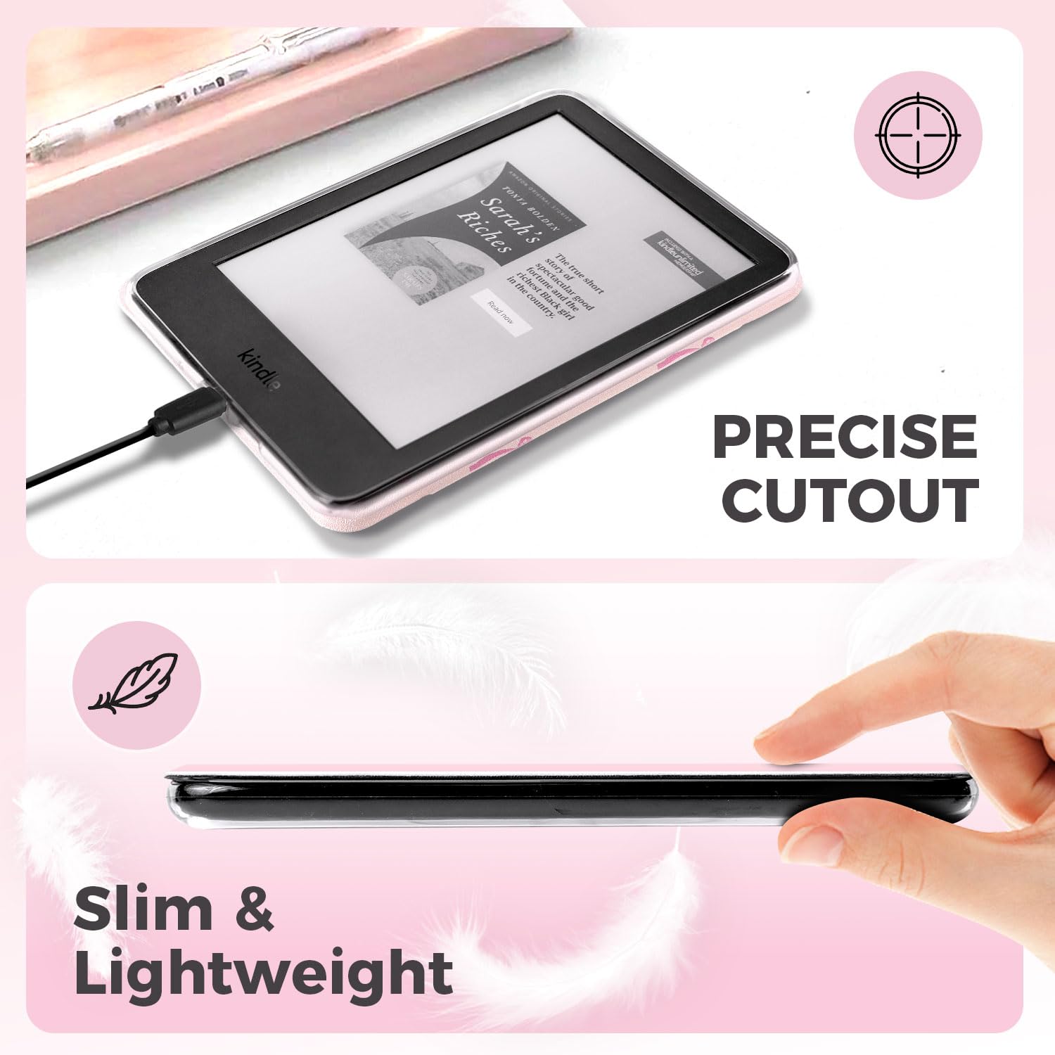 Coquette - Custodia trasparente per eReader Kindle 11a generazione da 6 pollici (2022/2024), custodia ultra sottile da 6 pollici con cinghia da polso, custodia protettiva rosa per eBook di base