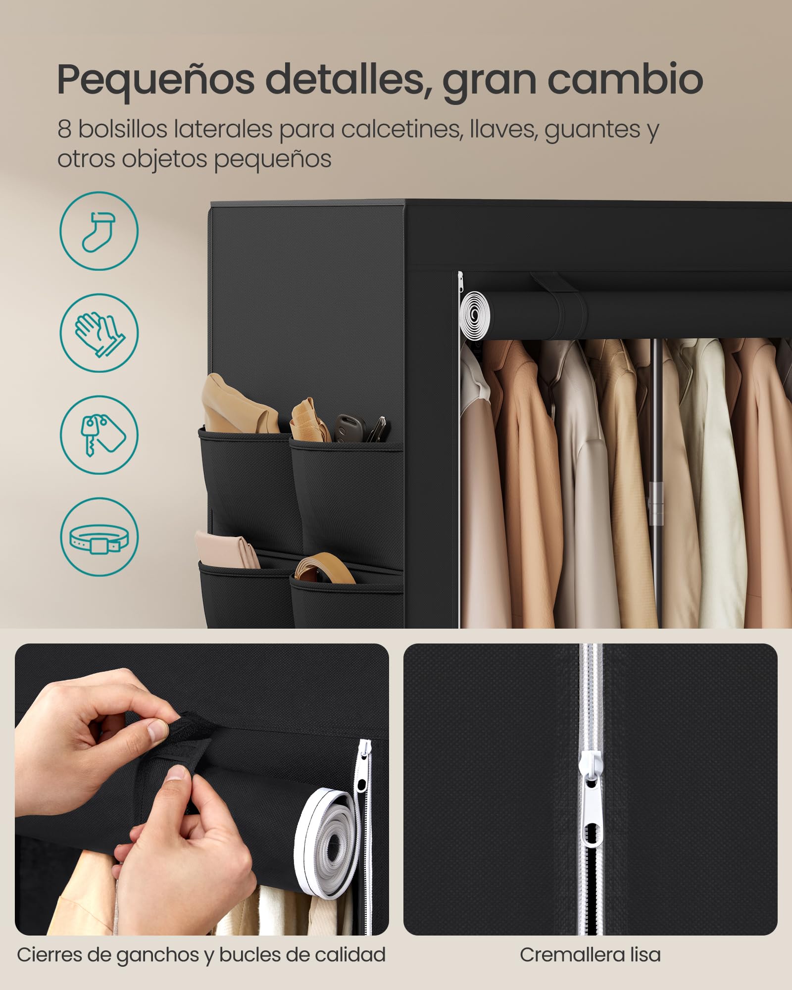 SONGMICS Armario de Ropa de Tela para Dormitorio, Armario Portátil con Barras para Colgar, Baldas y Bolsillos Laterales, Gran Capacidad, 4 Zonas para Colgar Ropa, 45 x 189 x 180 cm, Negro RYG011BZ02