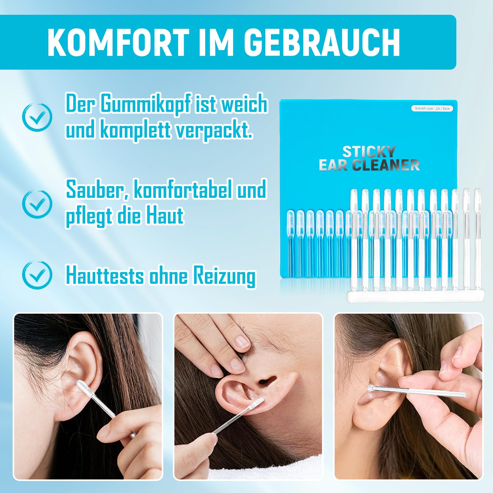 24 Stück Sticky Earpick Wiederverwendbarer, Ohrenschmalz Entferner Mit Silikon-Spitzen, Waschbares 360° Ear Cleaner, Sanfte Reinigung Für Erwachsene, Waschbar