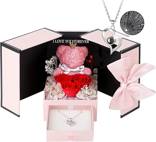 Regalos de cumpleaños para mujeres, oso musgo con tres rosas rojas preservadas, caja de regalo, regalos de cumpleaños para mamá, esposa, novia,