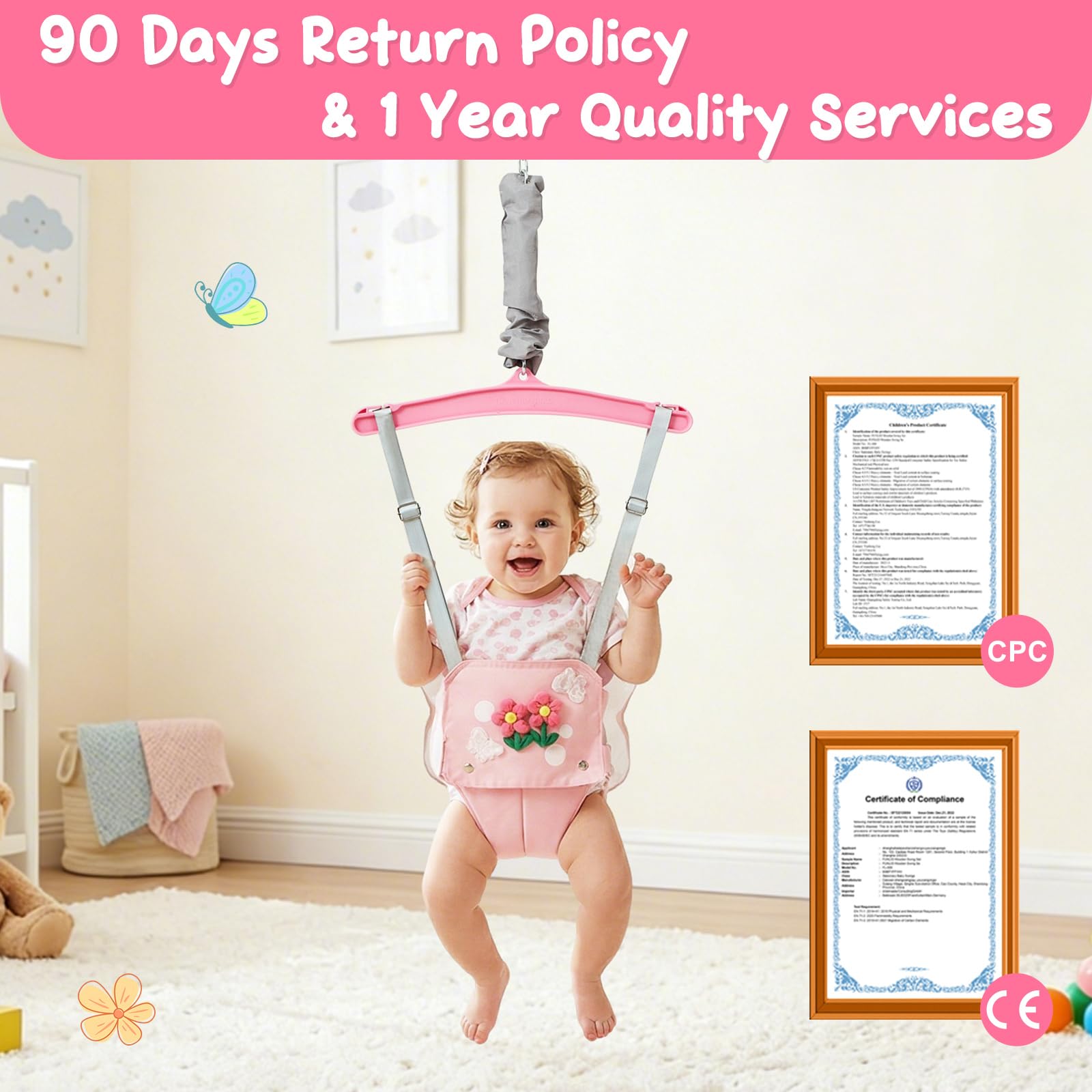 FUNLIO Baby Jumper con gancho de techo para 6–24 meses, saltador de puerta para interior y exterior, con cadena ajustable, fácil de montar y guardar (con gancho de techo) – Mariposa Rosa