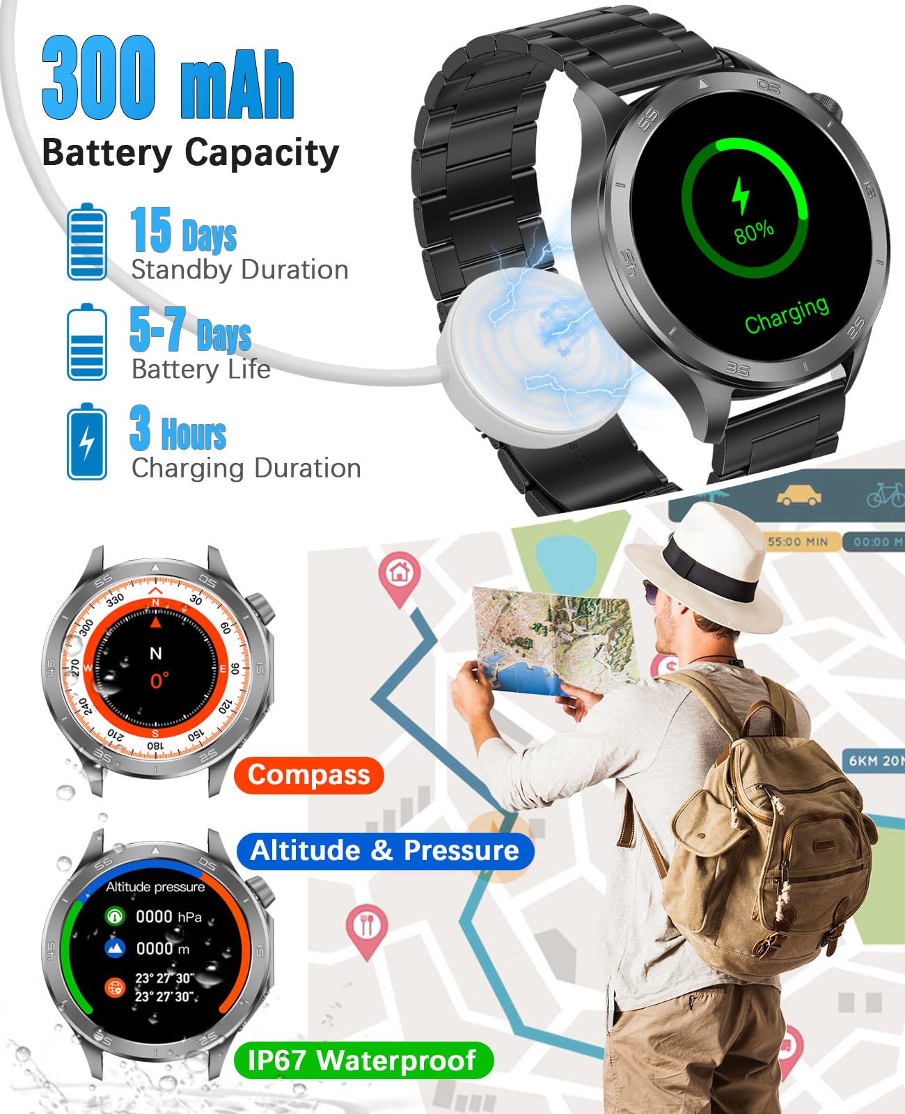 Smartwatch für Herren, GPS-Sport-Smartwatch, 1,54 Zoll HD-Bildschirm IP67 wasserdicht, Anruf annehmen/tätigen, Herzfrequenzmesser, Schlaf-Tracking, Fitness-Tracker, kompatibel für Android iOS (Schwarz