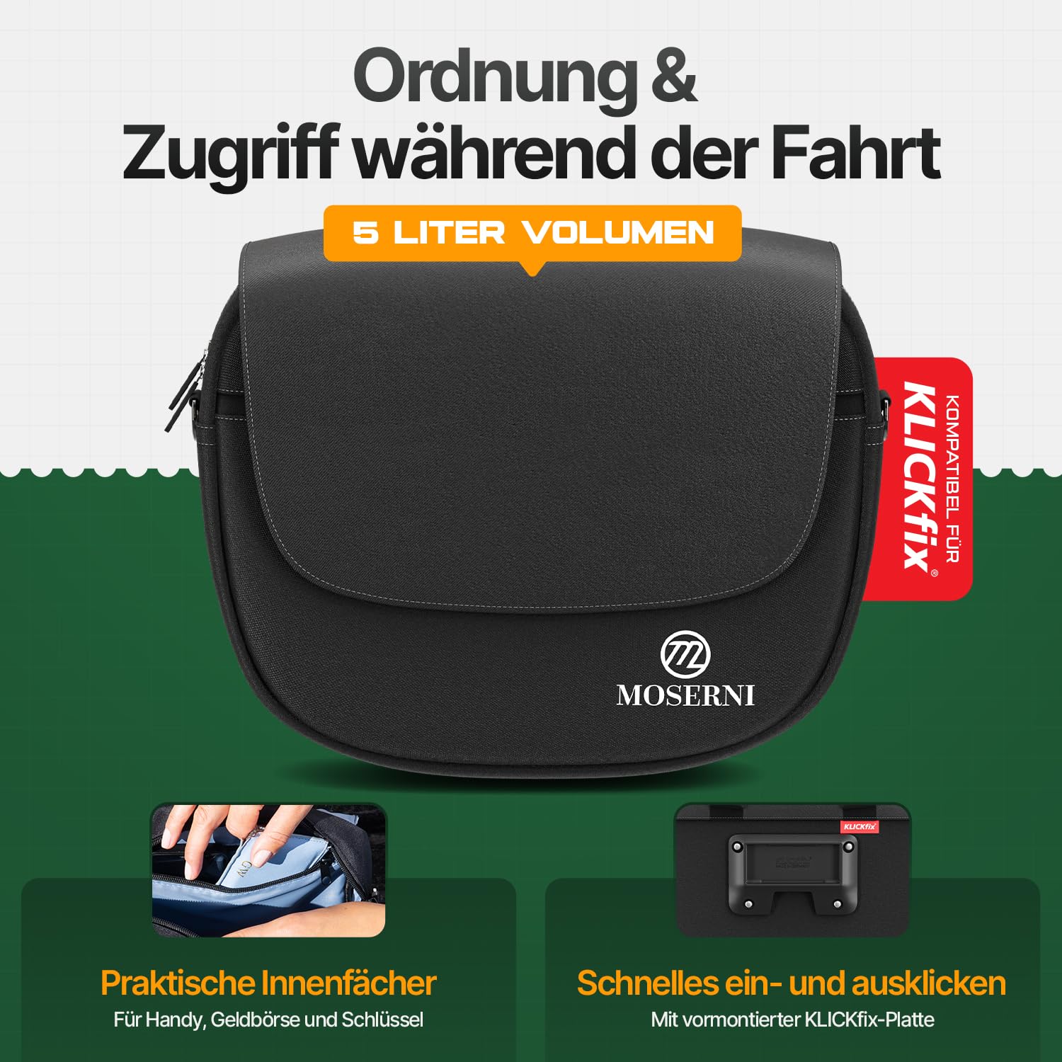 Lenkertasche Fahrad – KLICKfix® kompatibel | 5L Volumen | Spritzwassergeschützt & robust | Inkl. Regenhaube | Ideal für E-Bike, Rennrad & Citybike (Schwarz)