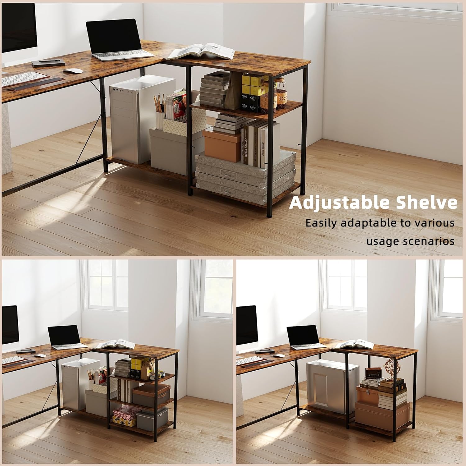 YOSHOOT 63" L Shaped Computer Desk - Gaming Desk with Open Shelves, Corner Desk L Shape for Home Office Work Study, Rustic Brown