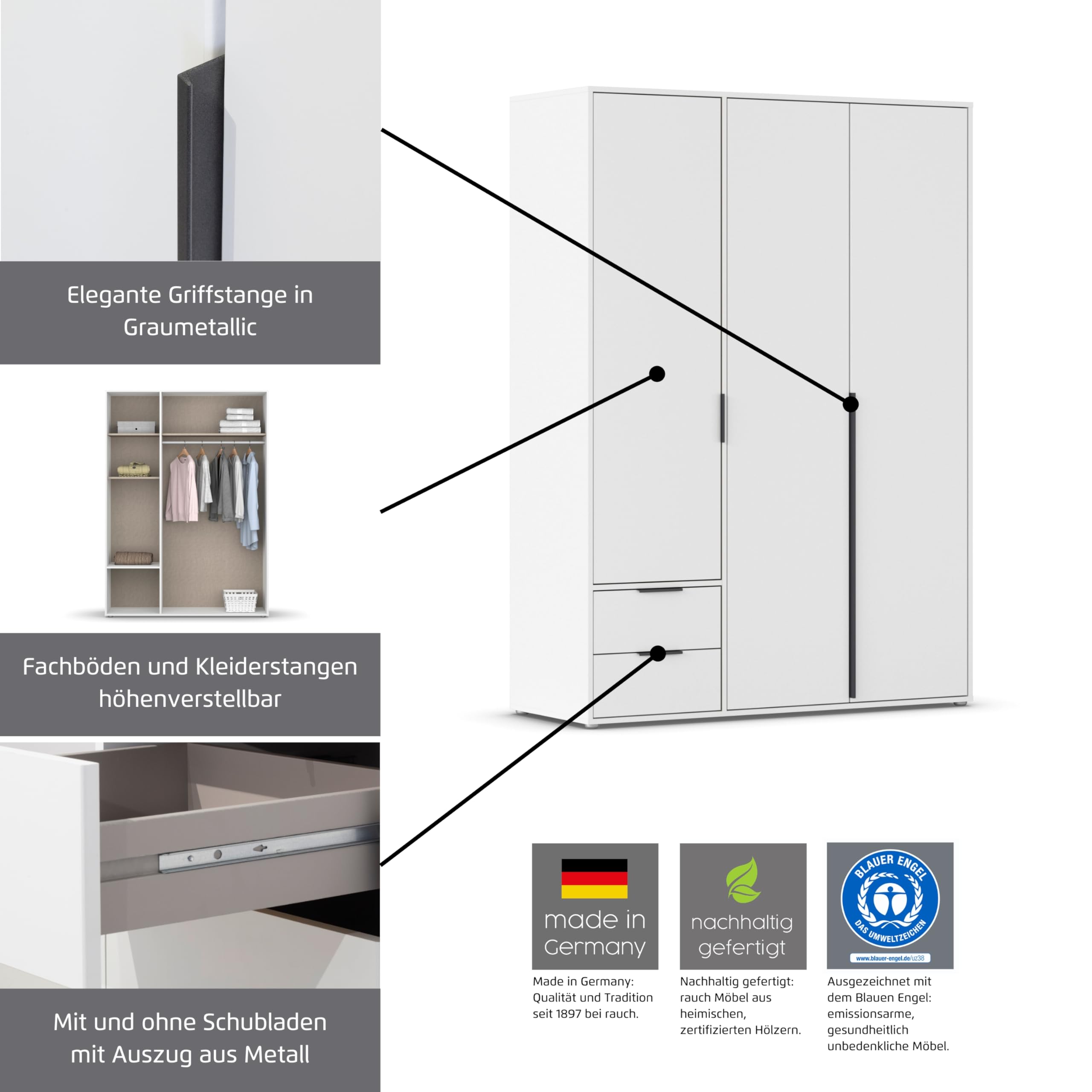 Rauch Möbel NAGATA, Kleiderschrank, Farbe Weiß, Breite 187 cm | Schrank, Mehrzweckschrank, 4-türig, für Schlafzimmer, Kinderzimmer, Studentenwohnung, Garderobe, Homeoffice