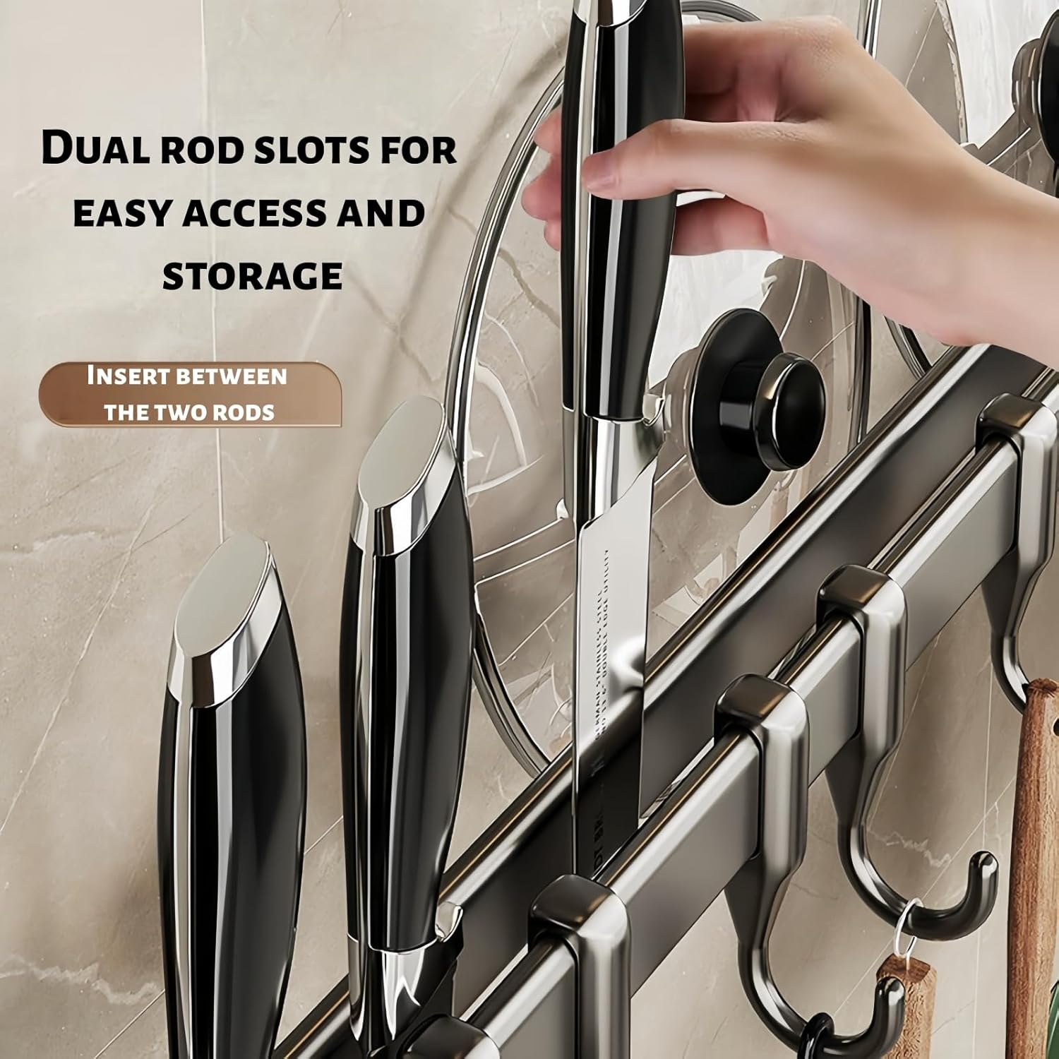 Wall Mounted No-Drill Adhesive Kitchen Rail, Heavy Duty Detachable Multifunctional Pot Pan Utensil Knife Lid Hanger with 8 Hooks for Space-Saving Kitchen Organization Knife and Lid Rack