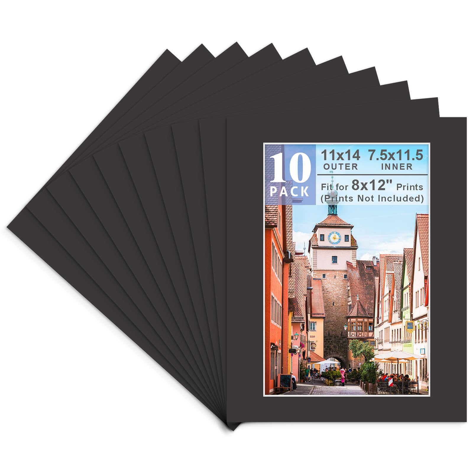 Golden State Art, 10 Pack 11x14 Black Picture Mat for 8x12 Photos