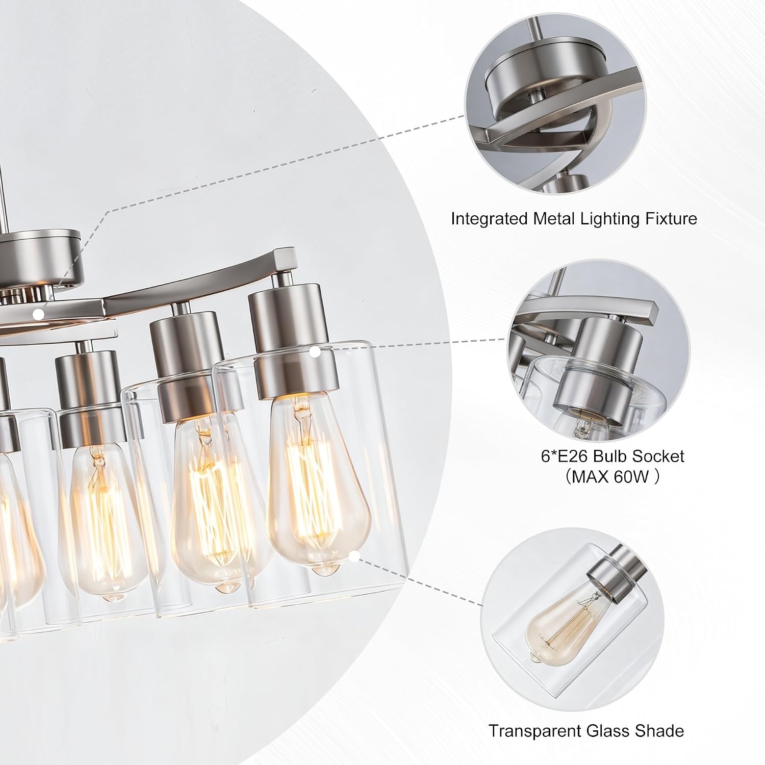 FTL Modern Farmhouse Brushed Nickel Chandeliers for Dining Room Light Fixture Over Table, 6-Light Silver Chandelier Hanging Pendant Light for Kitchen Island Entryway Bedroom Living Room, Glass Shade