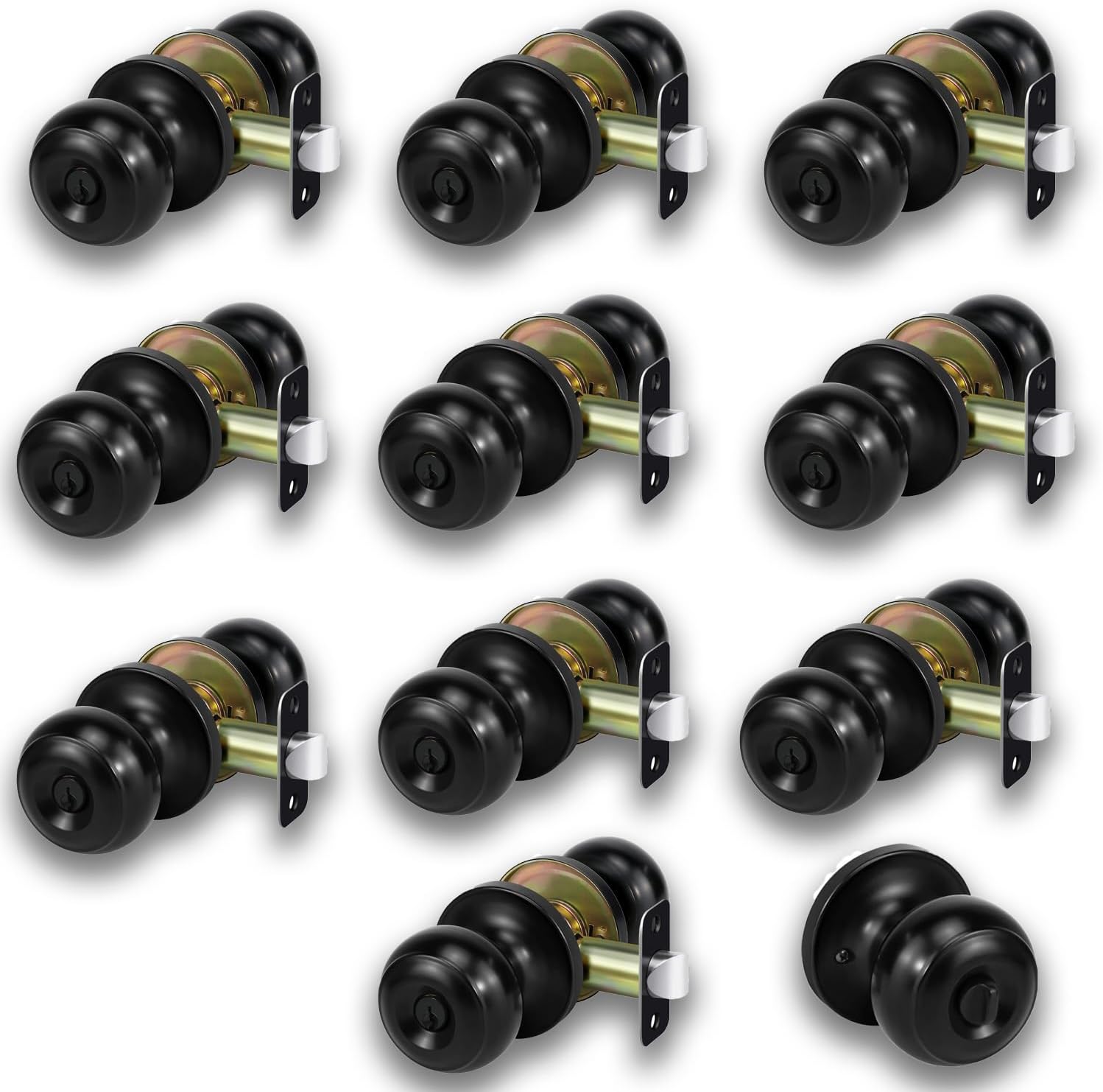 Matte Black Round Door Knob, Keyless Privacy Lock for Bedroom Bathroom, Adjustable Latch, Reversible Left/Right Hand (Black, 5X2INCH-10PACK)