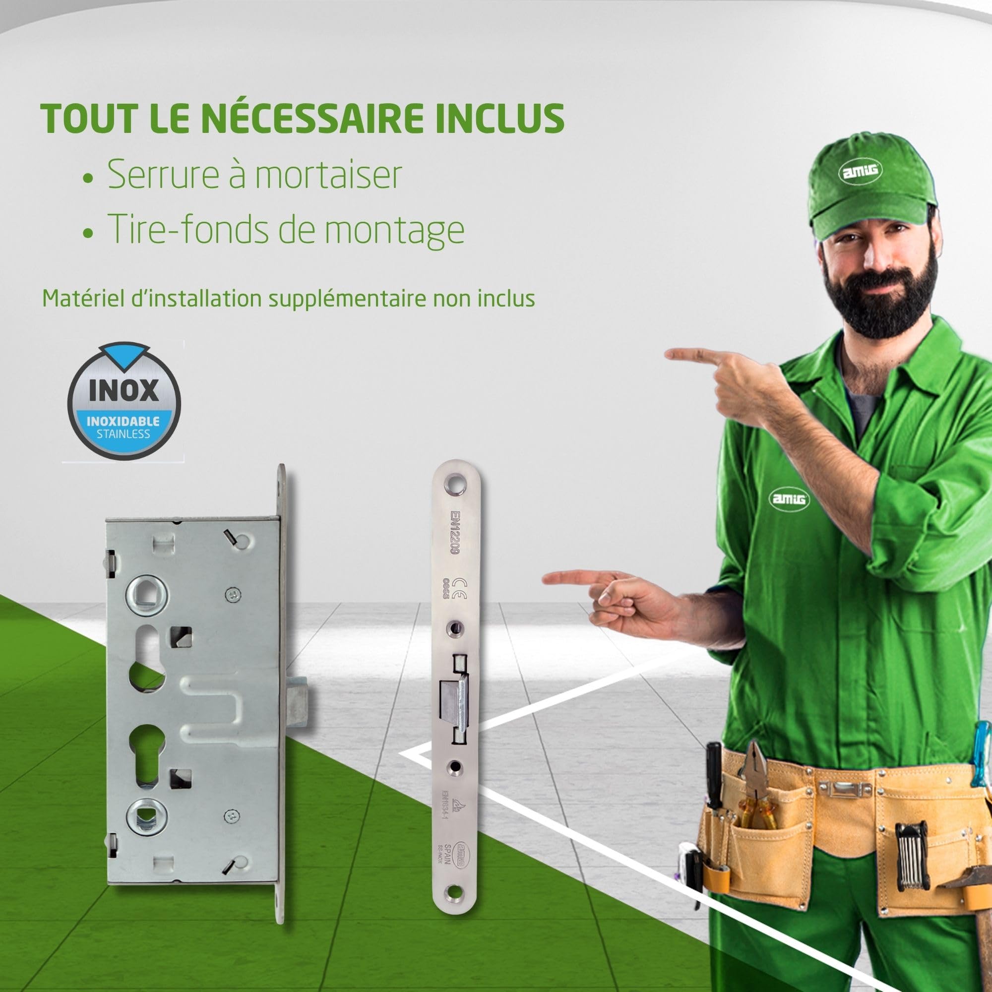 Amig – Serrure homologuée pour portes coupe‑feu Mod. 6572 – 65 x 72 mm – Double fouillot et logement pour cylindre – Acier inoxydable mat – Certifiée et sans fonction anti‑panique