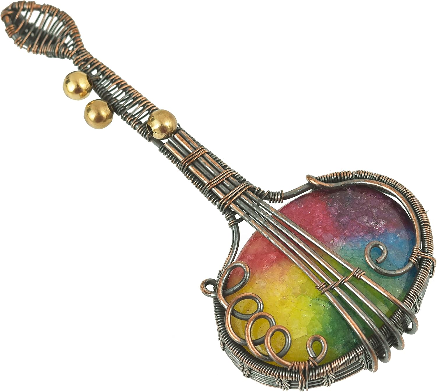 Guitar Shaped Gemstone Pendant Copper Wire Wrapped Jewelry Necklace