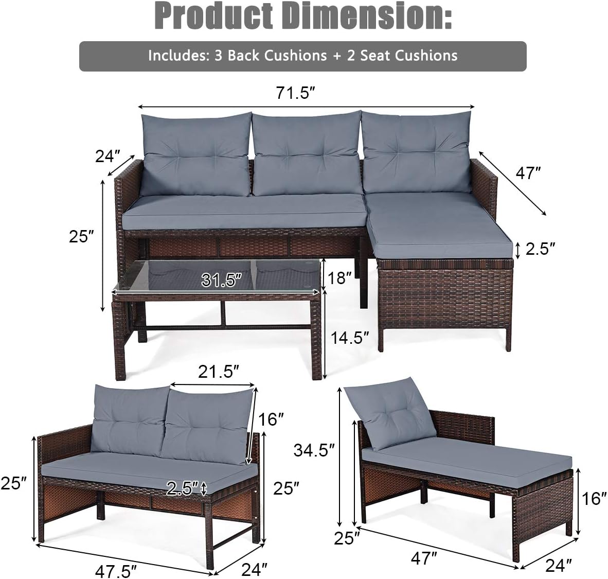 3 Pieces Rattan Sectional Sofa Set, Patio Wicker Rattan Conversation Set with Chaise Lounge, Love Seat & Coffee Table, Patio Furniture Set for Garden, Lawn, Poolside (Gray)