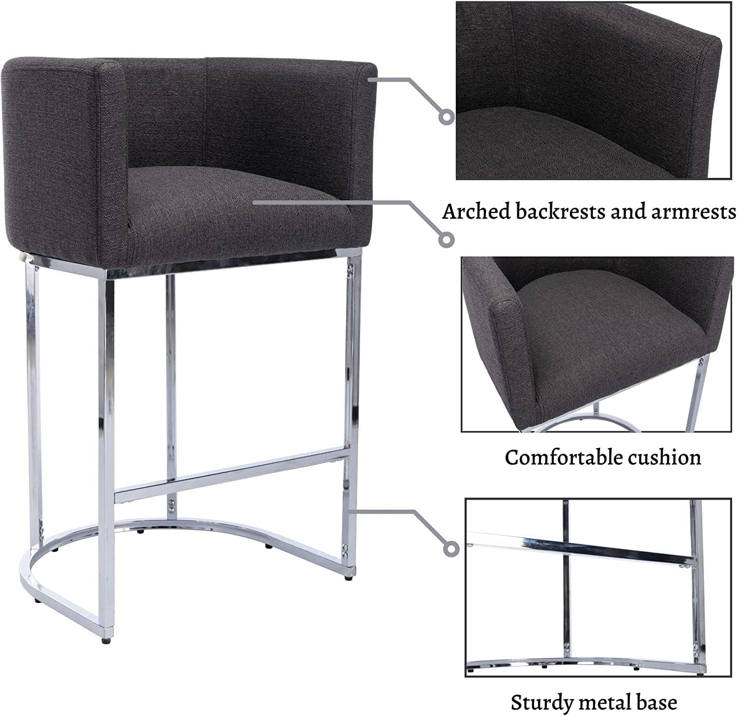 Modern Bar Stools Set of 1, 29" Linen Upholstered Bar Height Kitchen Island Stools Bar Chairs with Chrome Metal Frame, Charcoal