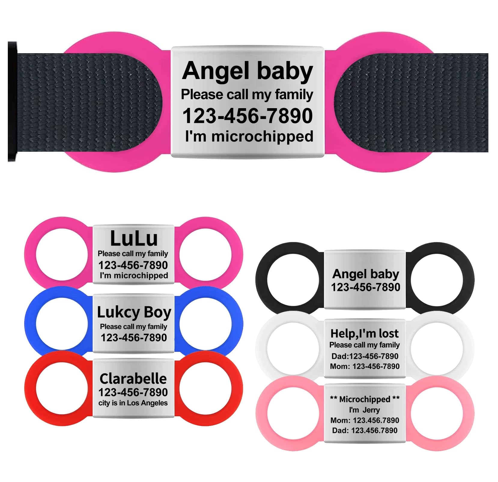 Silent Slide On Dog Cat ID Tags, Personalized Laser Engraved On Collar, Elastic Silicone Band and Stainless Steel Name Plate (Hot Pink, Small)