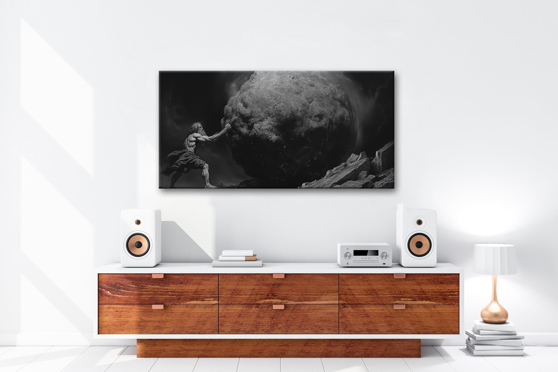 Leinwandbild Sisyphos’ Kampf – der Berg als endlose Prüfung. Panorama 120x60cm Effekt: Schwarz&Weiß XXL Kunstdruck Bild auf Keilrahmen/Wandbild/Wohnzimmer Dekoration
