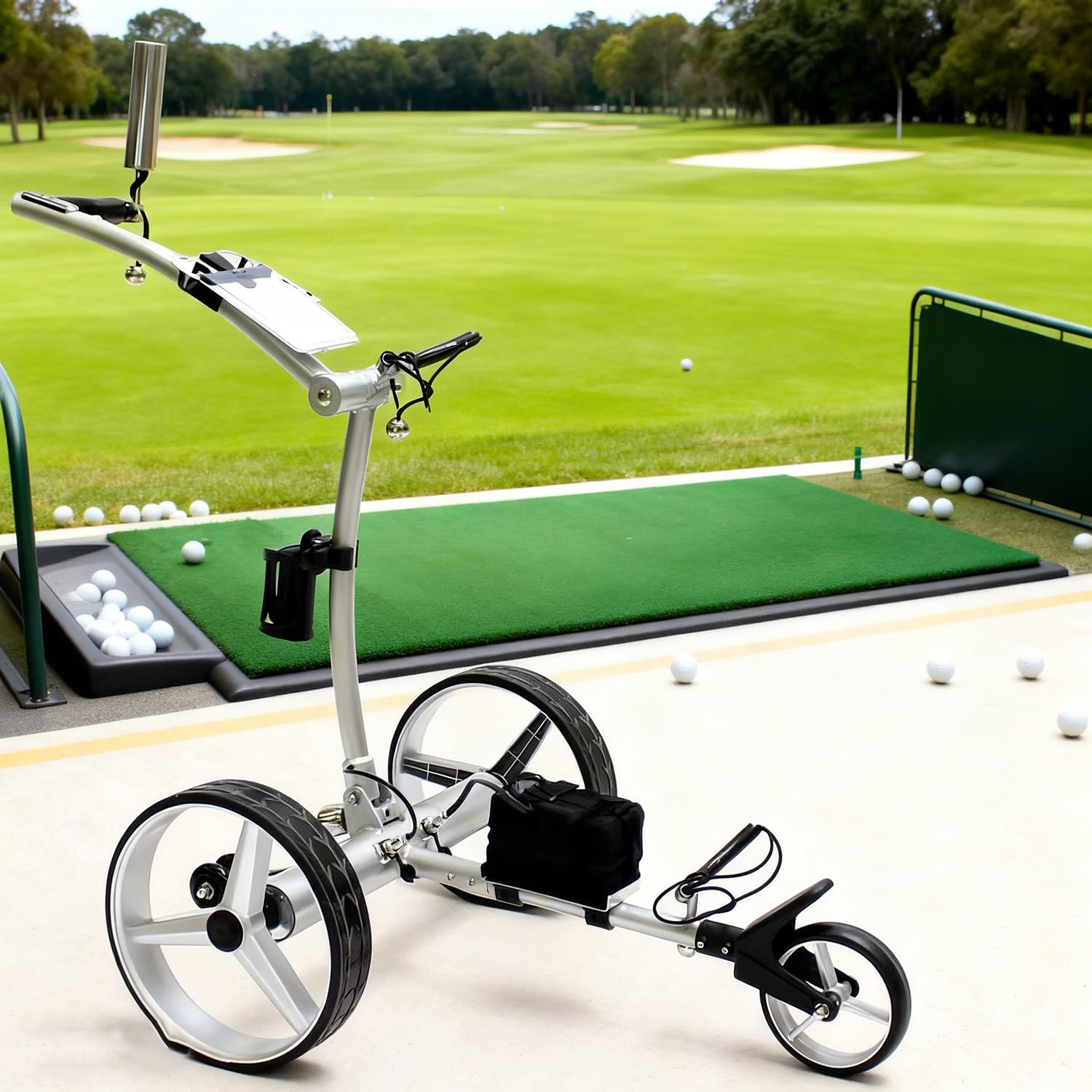 Carrello da golf con telecomando | Carrello pieghevole a 3 ruote con doppio motore da 400 W, telaio in acciaio, freno a pedale e supporti per accessori per un comodo trasporto in pista
