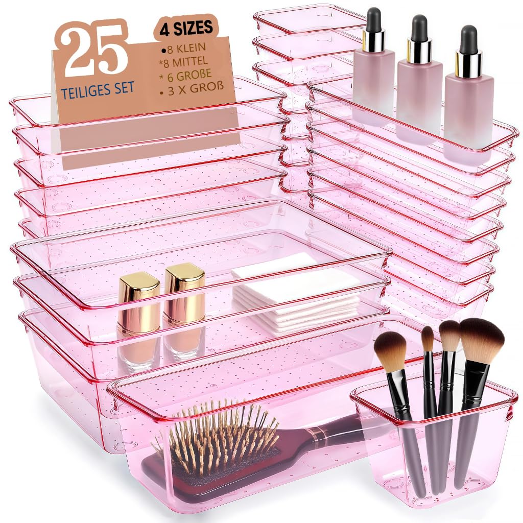 Schubladen Organizer, 25 Stück in 4 Größen, Kunststoff, Schminktisch und Make-up Organizer, Ordnungssystem (Rosa)