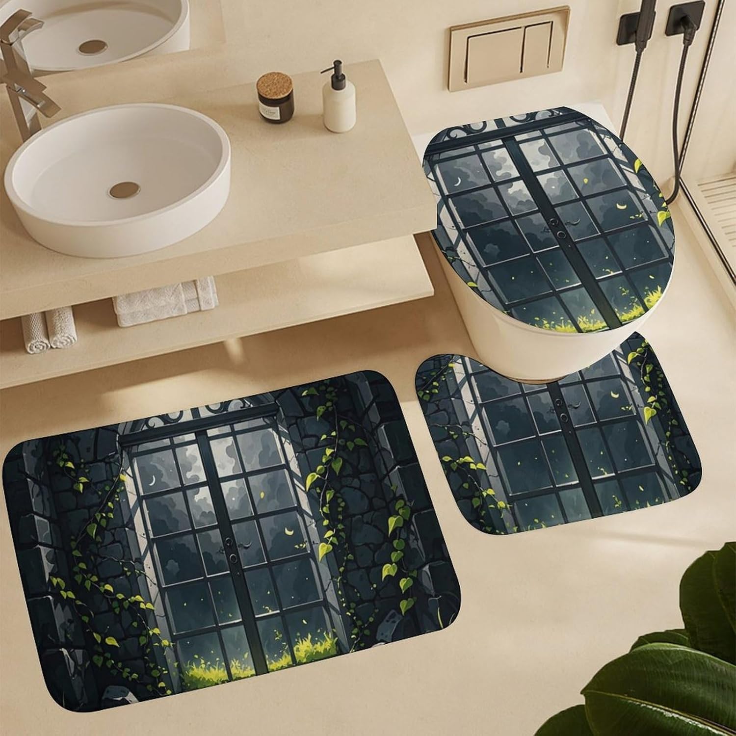 Spooky and Broken Shower Curtain Set 4 Piece, Non-Slip Bath Mat with Toilet Lid Cover and Waterproof Shower Curtain with 12 Hooks, Complete Bathroom Set for Home Decor