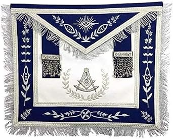 Masonic Blue Lodge Past Master Apron | Silver FringeMachine Embroidery Freemason Regalia | Adjustable Belt, Royal Blue Ribbon