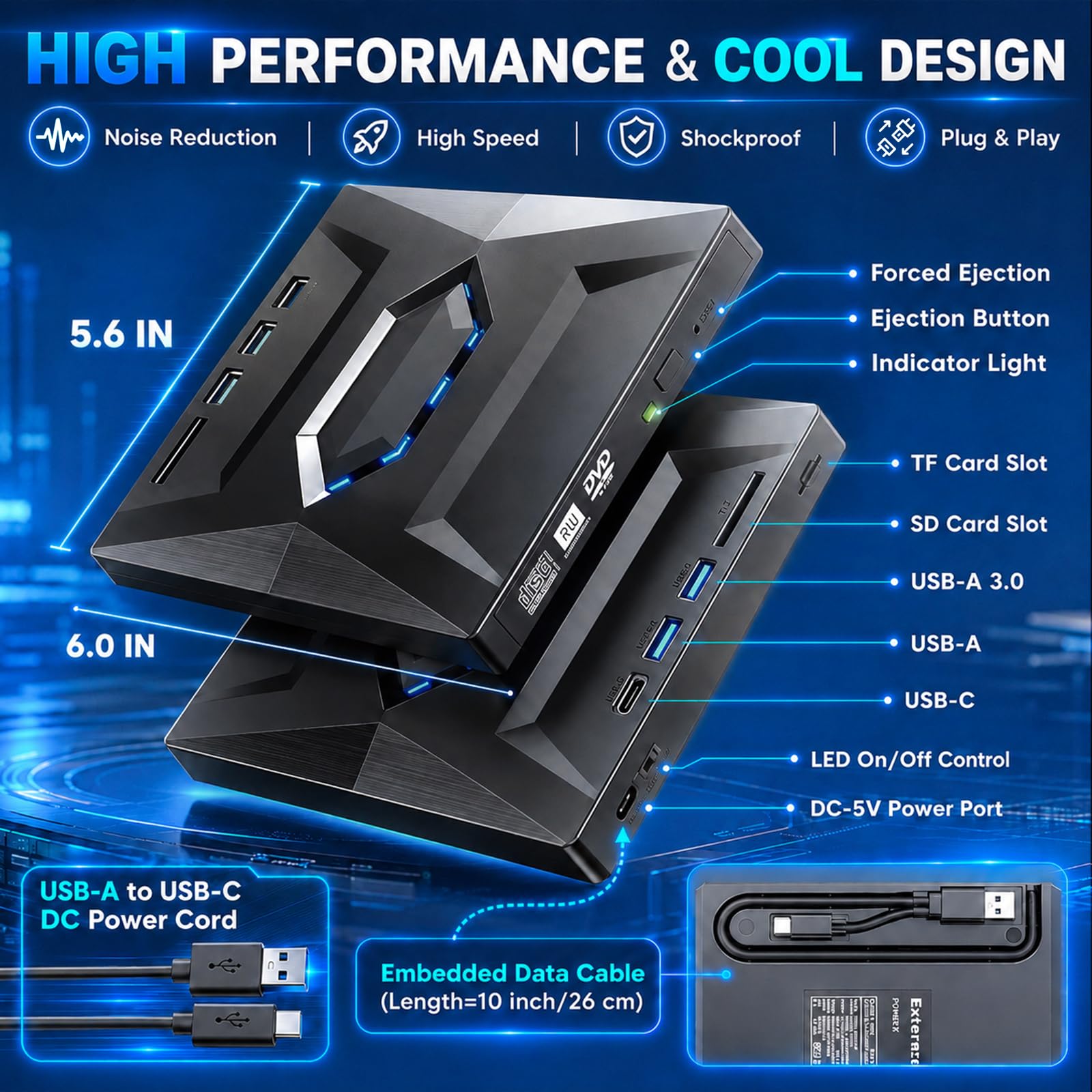 Lecteur Blu-ray externe 7 en 1 USB 3.0 Type-C, prend en charge 100 G BD DVD CD lecteur Blu-ray externe, lecteur Blu-ray portable ultra fin avec port TF/SD