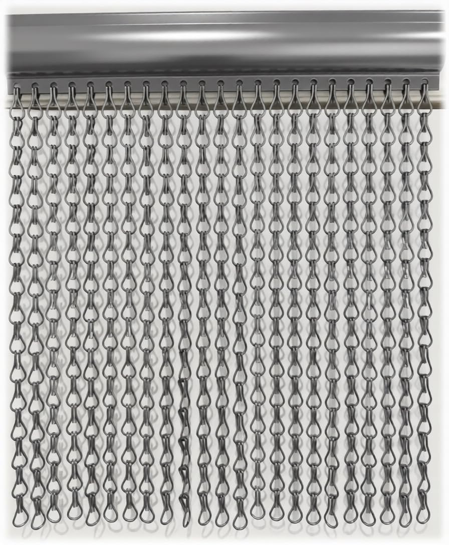 Grey Aluminium Chain Curtain Metal Door Curtain Insect Or Fly Screen - Extra Wide - 120cm x 210cm - Matching Grey Header Rail