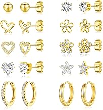 Small Gold Stud Earrings Set for Women - 14K Gold Plated CZ Huggie Hoops Hypoallergenic Earrings Dainty Flower Heart Stud Earrings for Jewelry Gift
