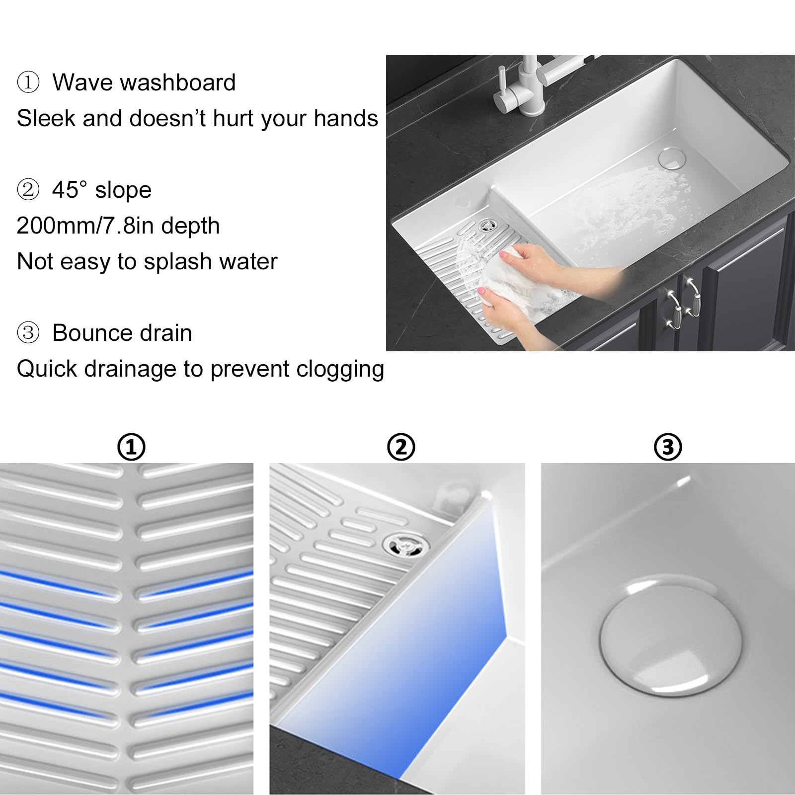 Lavandino rettangolare in ceramica bianca da bagno sottopiano,lavabo lavanderia da esterno,lavatoio ceramica,Con rubinetto bianco, adatto per lavanderia, balcone, bagno, cortile ( Size : 68*41.5 )